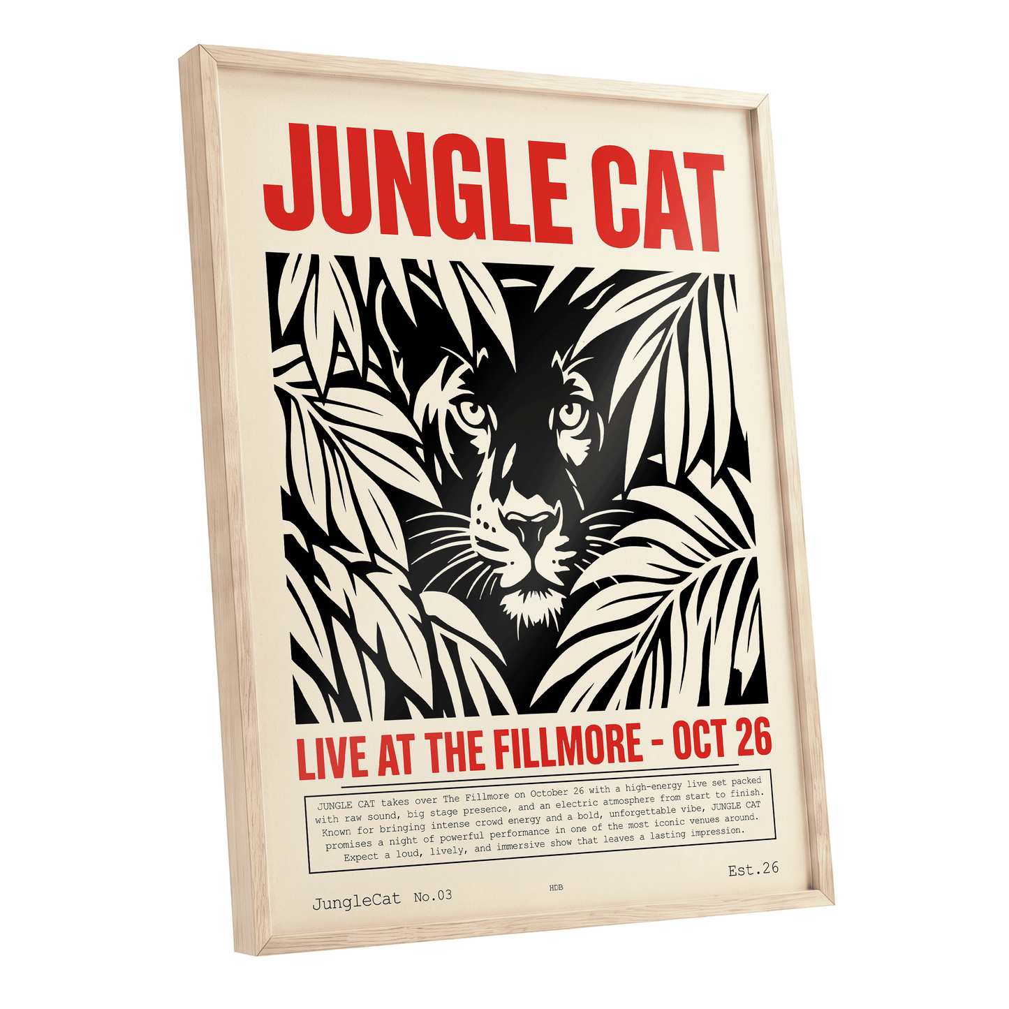 Jungle Cat Live, black, beige, red nature wall art shown as a oak framed poster wall art print