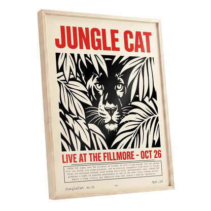Jungle Cat Live, black, beige, red nature wall art shown as a oak framed poster wall art print