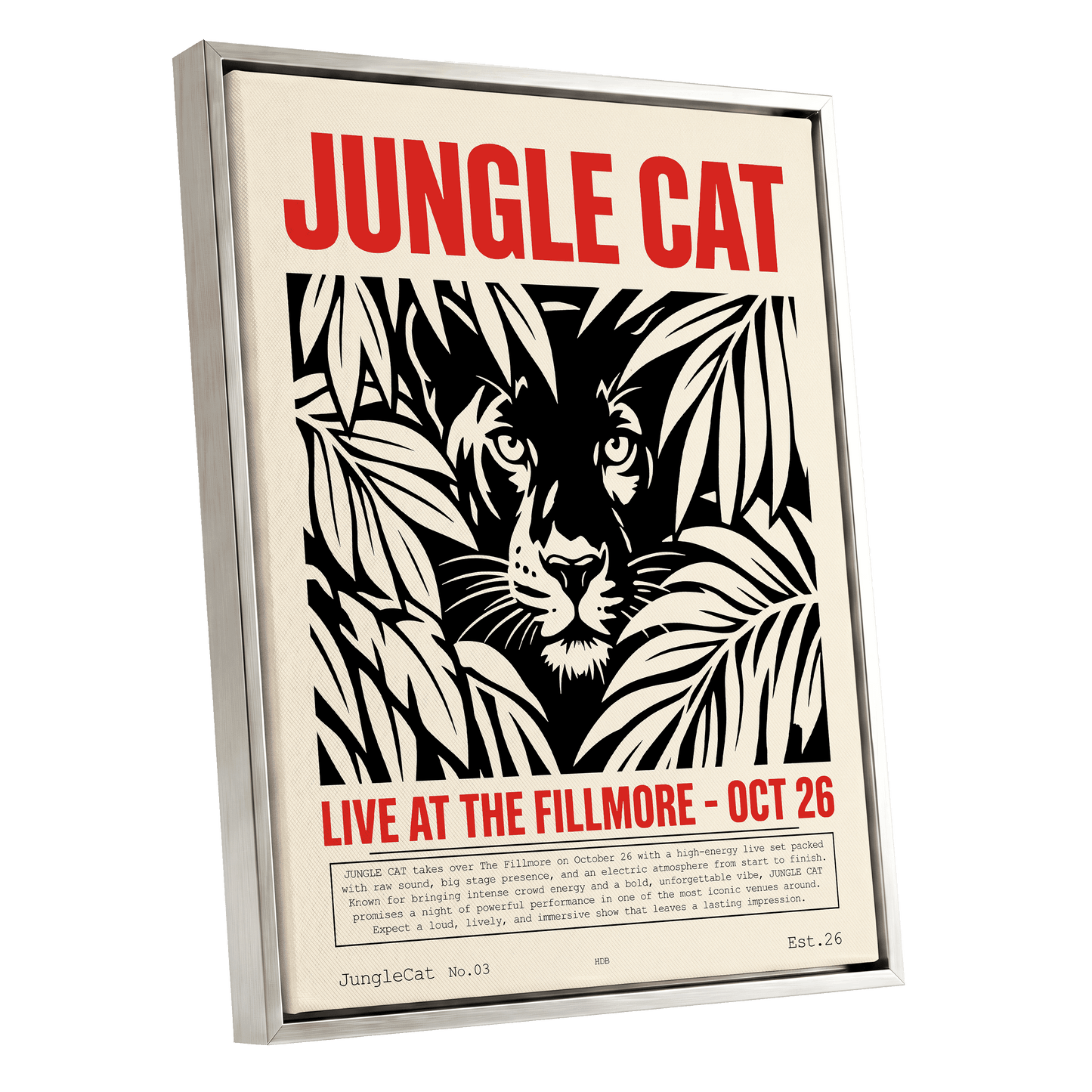 Jungle Cat Live, black, beige, red nature wall art shown as a silver framed canvas wall art