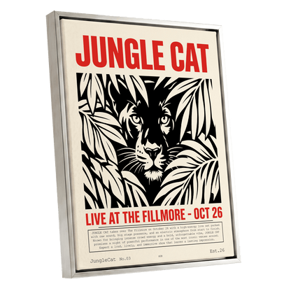 Jungle Cat Live, black, beige, red nature wall art shown as a silver framed canvas wall art