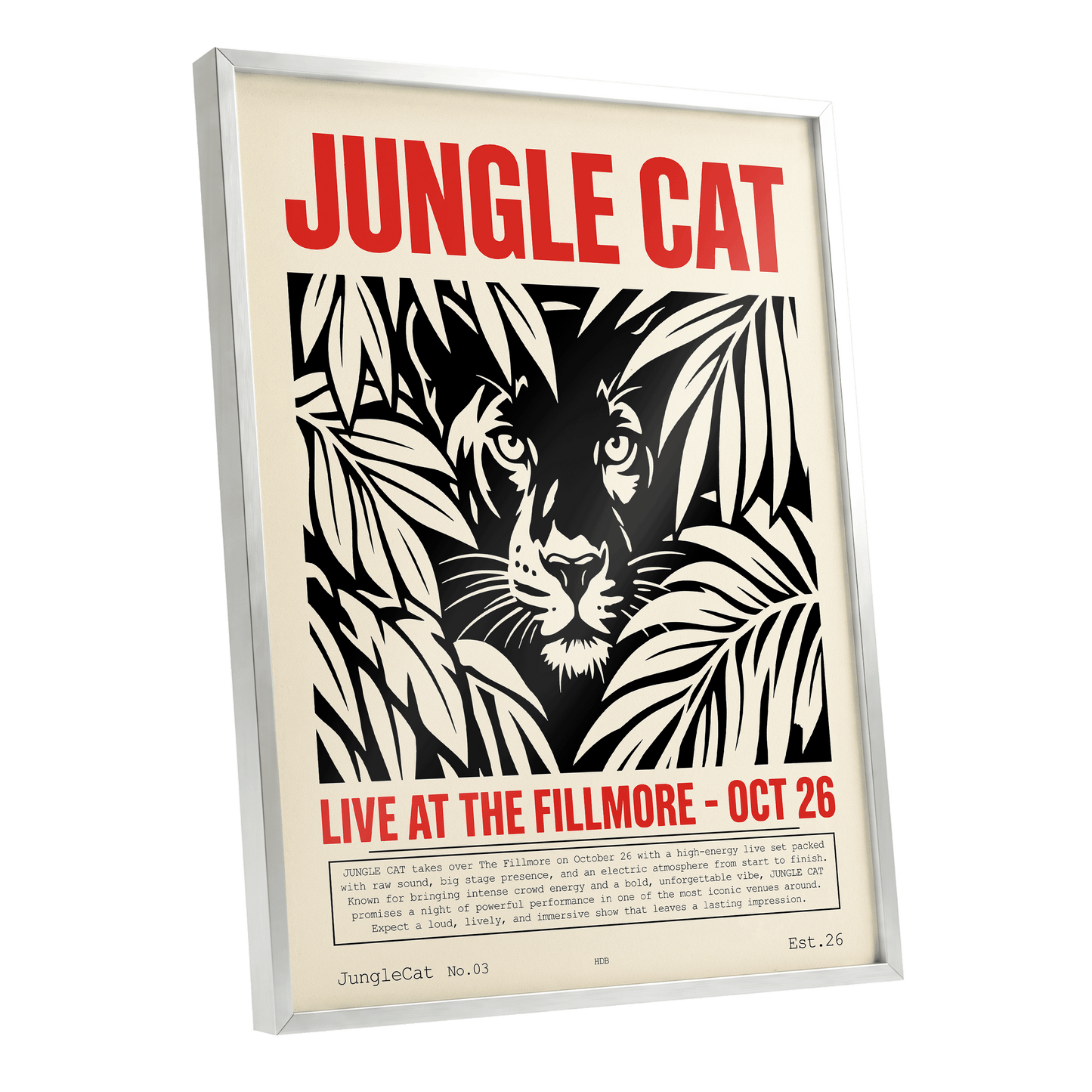 Jungle Cat Live, black, beige, red nature wall art shown as a silver framed poster wall art print