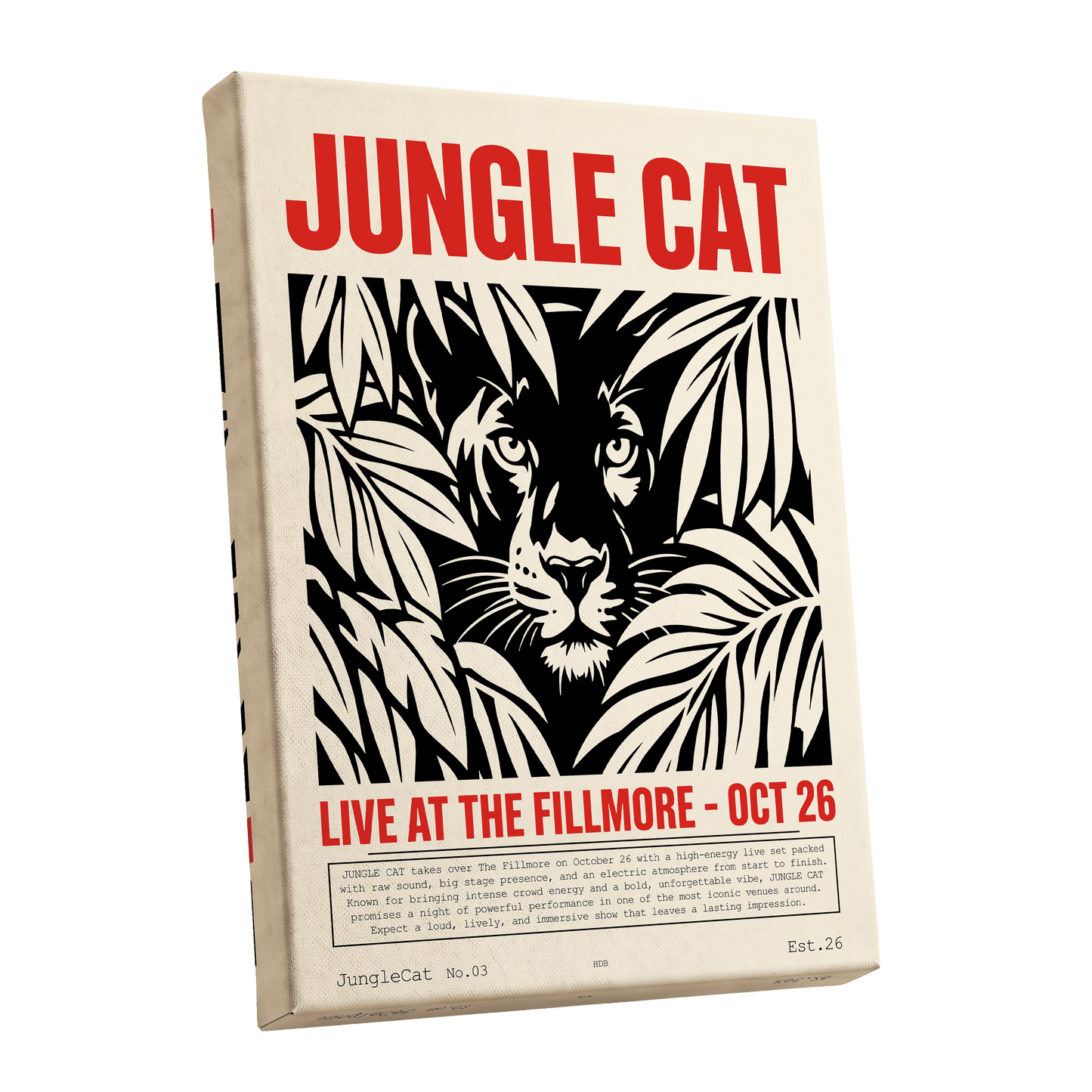 Jungle Cat Live, black, beige, red nature wall art shown as a stretched canvas wall art