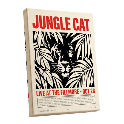 Jungle Cat Live, black, beige, red nature wall art shown as a stretched canvas wall art