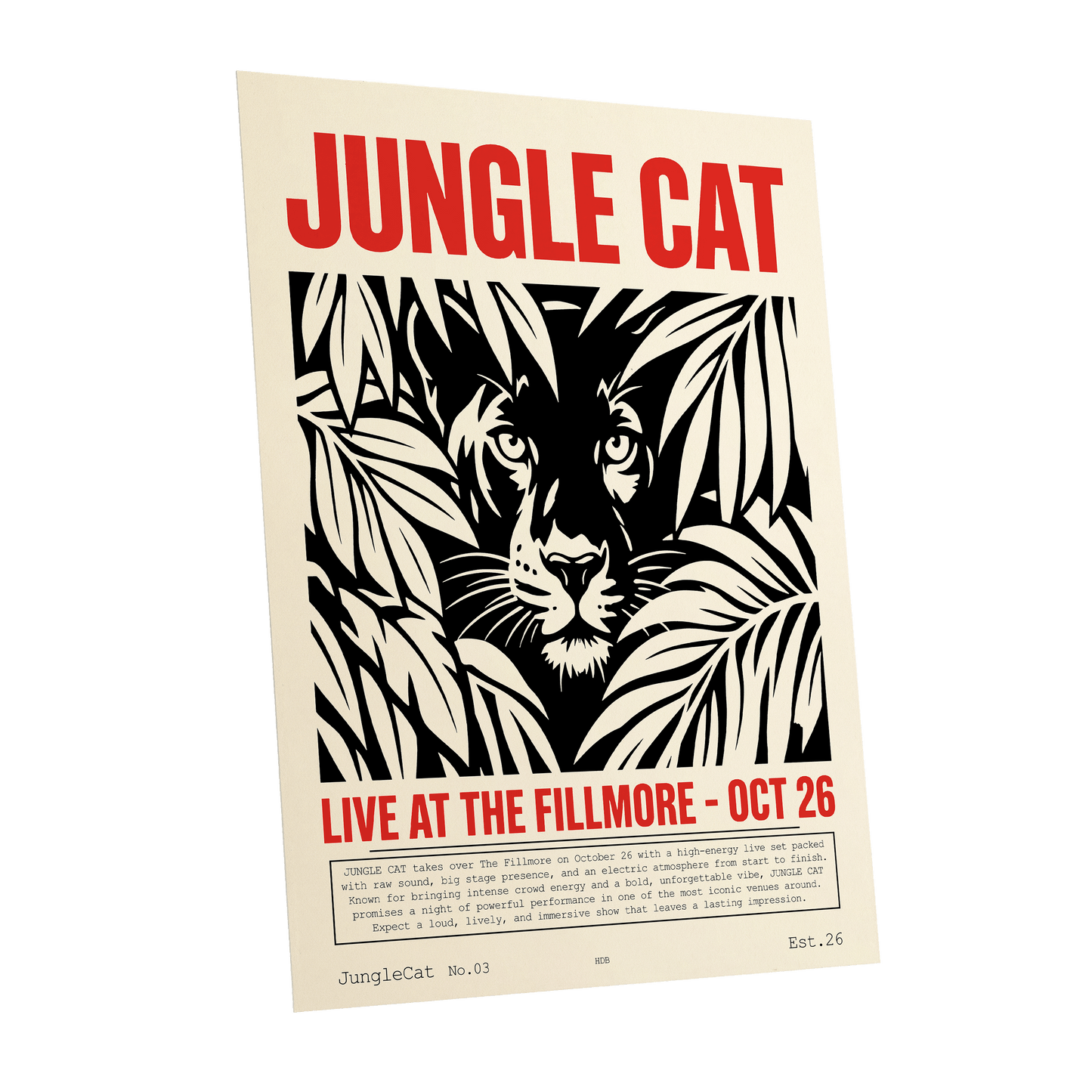 Jungle Cat Live, black, beige, red nature wall art shown as a unframed poster wall art print