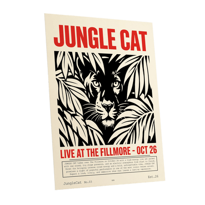 Jungle Cat Live, black, beige, red nature wall art shown as a unframed poster wall art print