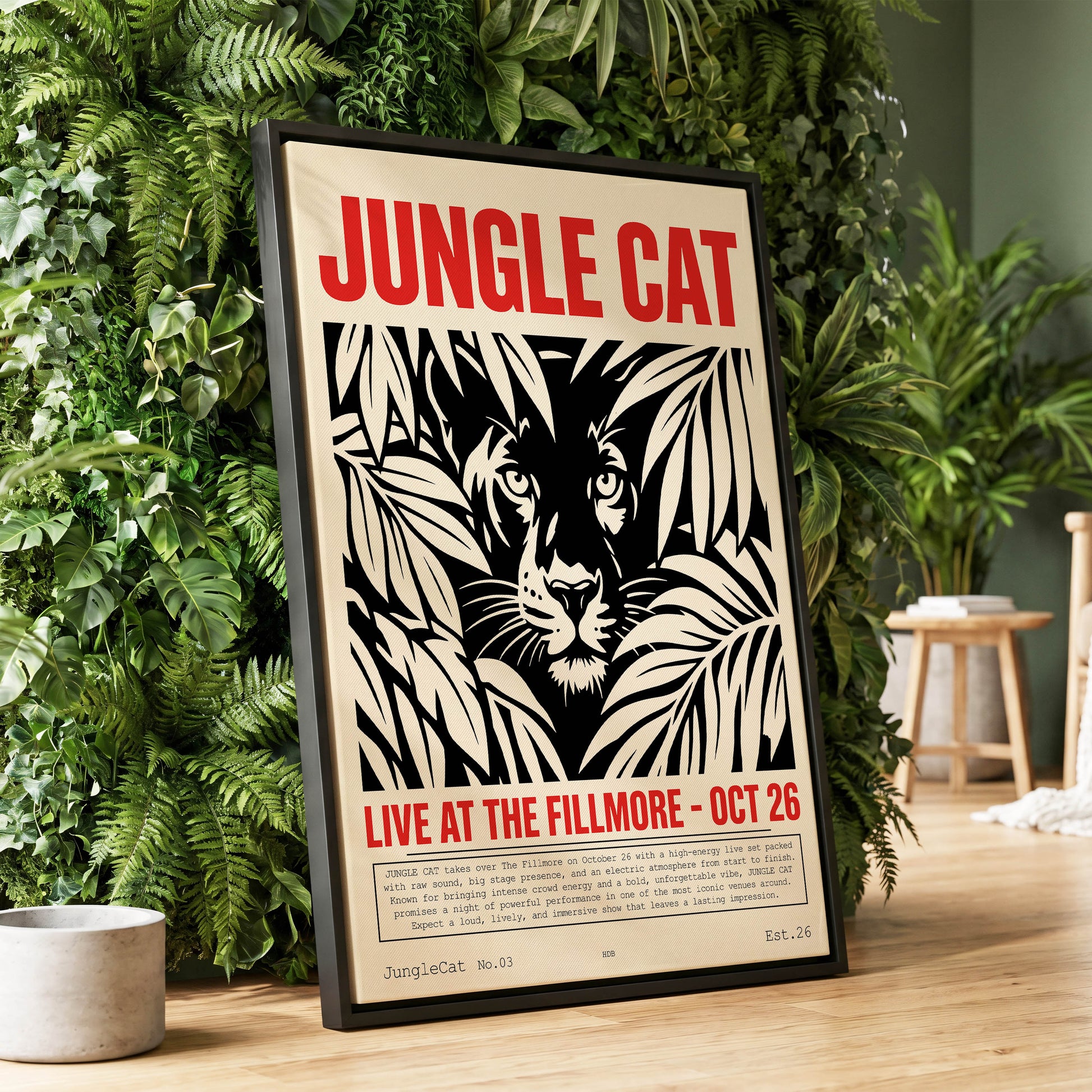 Jungle Cat Live, black, beige, red nature wall art displayed in a styled interior, gallery view 1