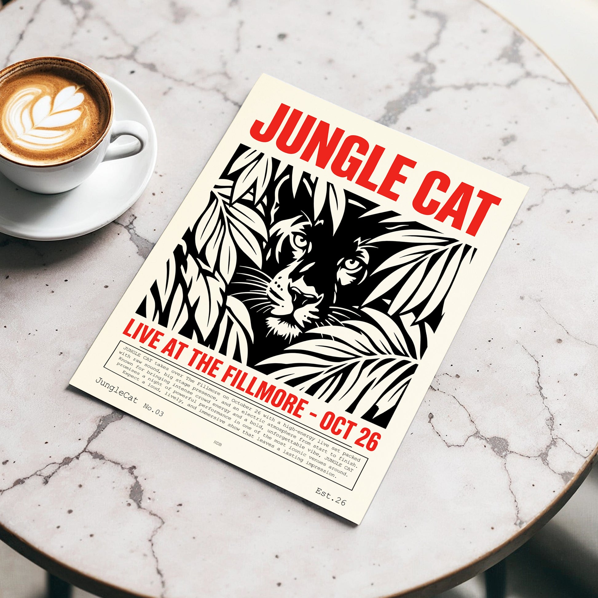 Jungle Cat Live, black, beige, red nature wall art displayed in a styled interior, gallery view 3