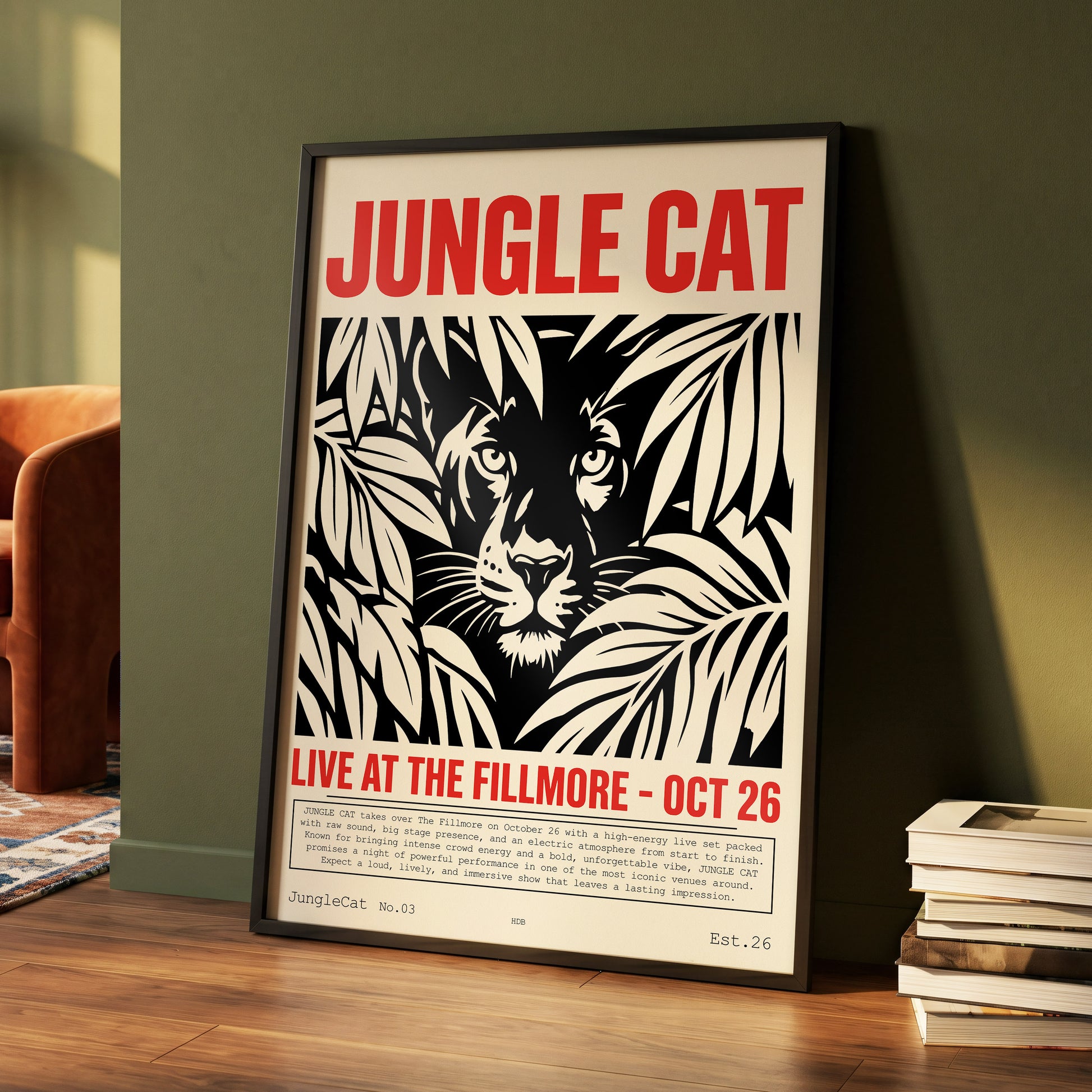 Jungle Cat Live, black, beige, red nature wall art displayed in a styled interior, gallery view 4