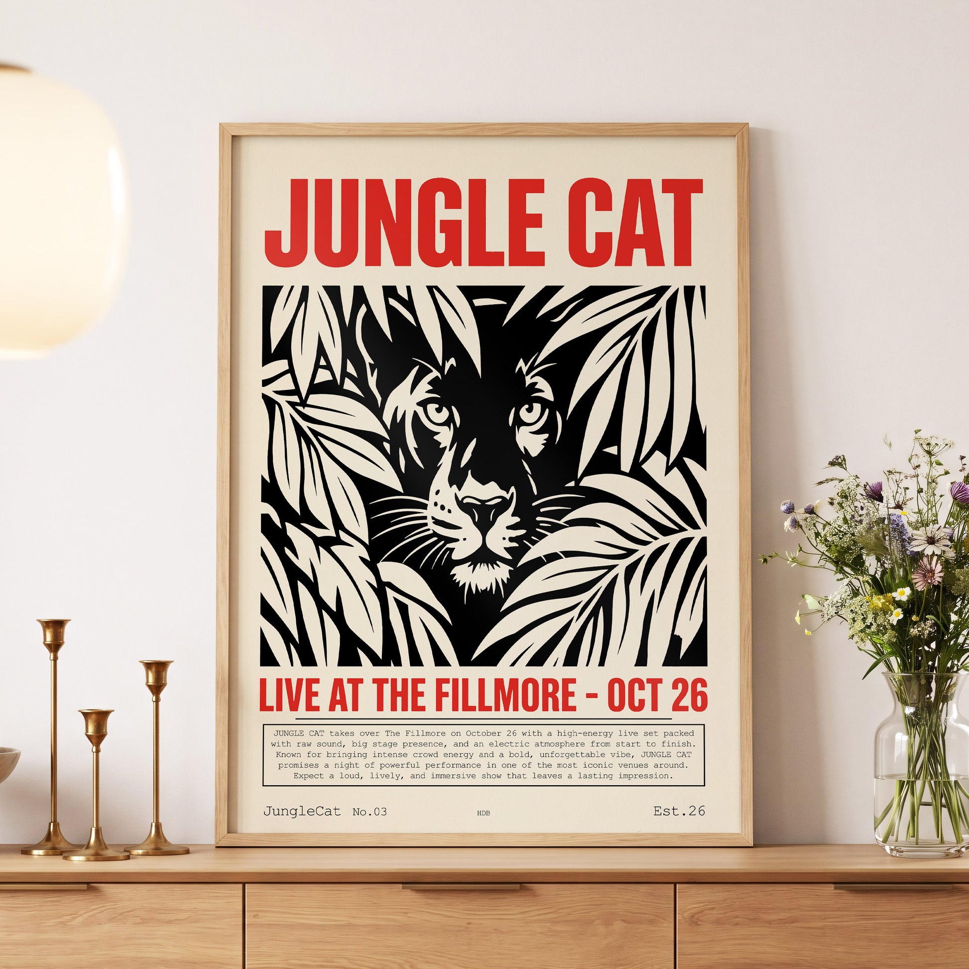 Jungle Cat Live, black, beige, red nature wall art displayed in a styled interior, gallery view 5