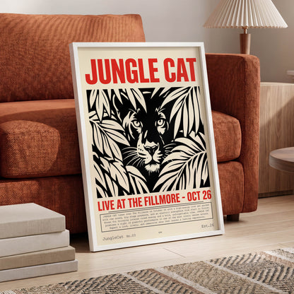 Jungle Cat Live, black, beige, red nature wall art displayed in a styled interior, gallery view 6