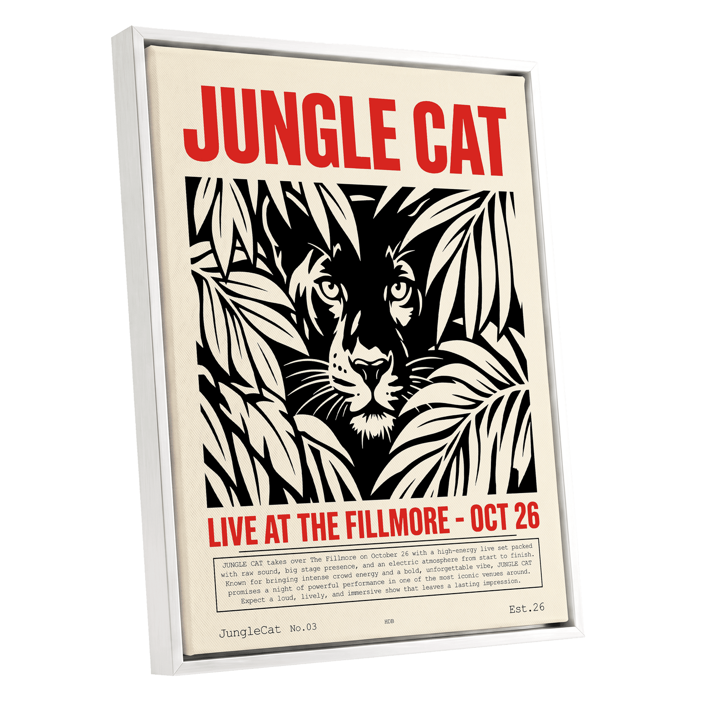 Jungle Cat Live, black, beige, red nature wall art shown as a white framed canvas wall art
