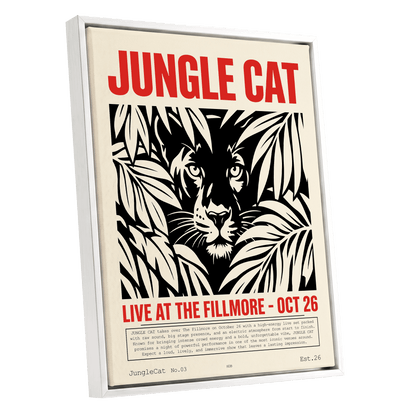 Jungle Cat Live, black, beige, red nature wall art shown as a white framed canvas wall art