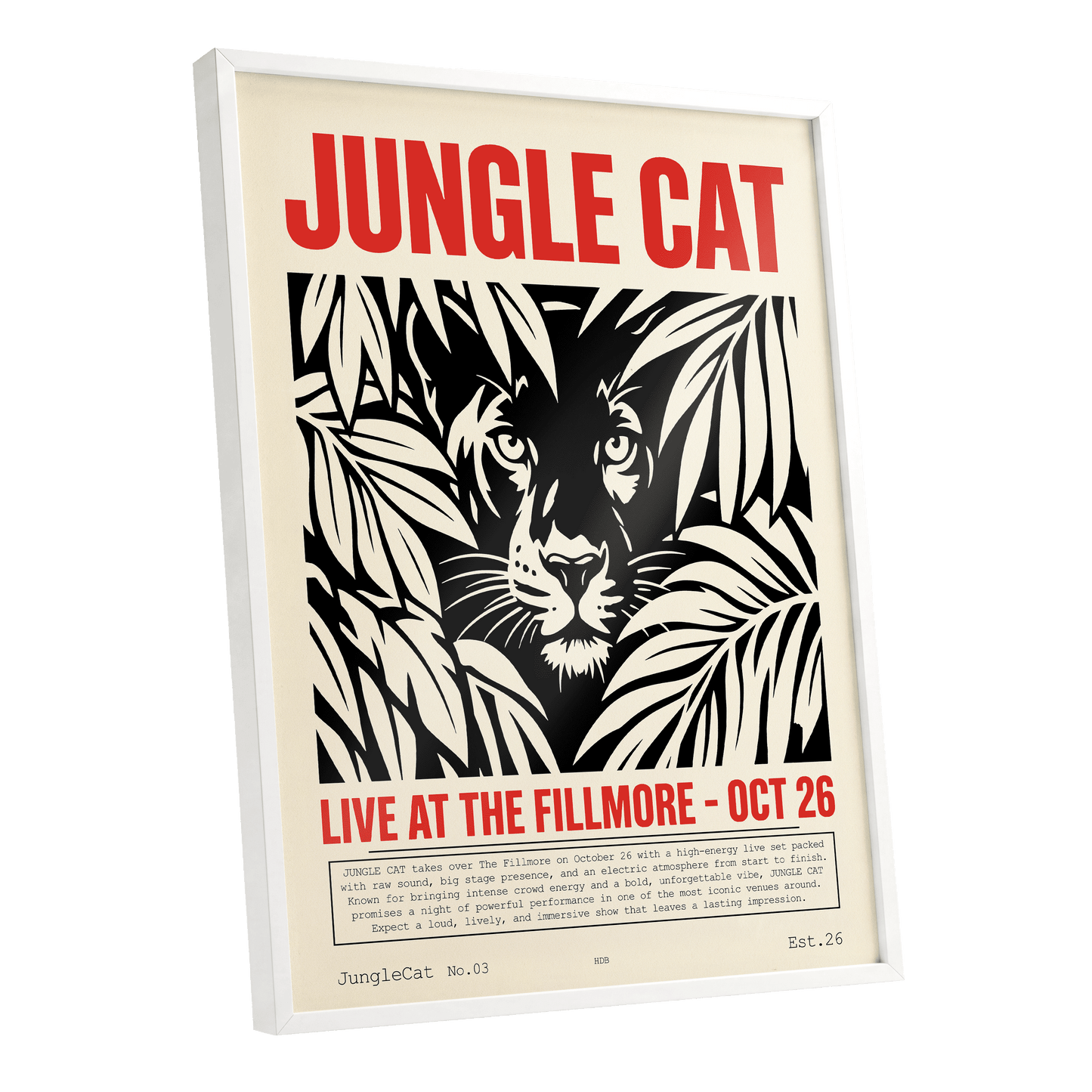 Jungle Cat Live, black, beige, red nature wall art shown as a white framed poster wall art print