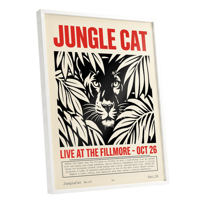 Jungle Cat Live, black, beige, red nature wall art shown as a white framed poster wall art print
