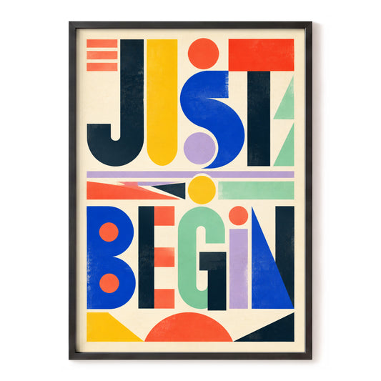 Just Begin Geometry, beige, blue, red abstract wall art, front artwork view