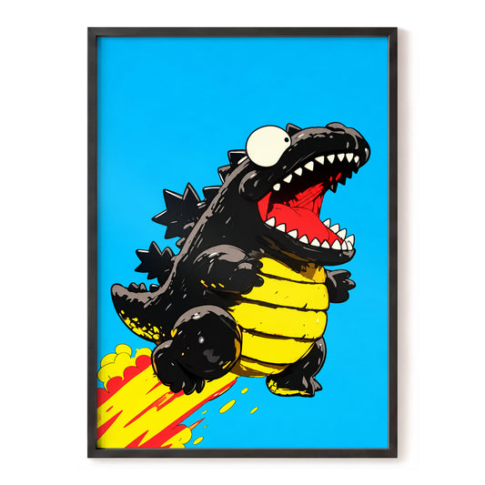 Kaiju Rocket Roar, blue, black, yellow abstract wall art, front artwork view