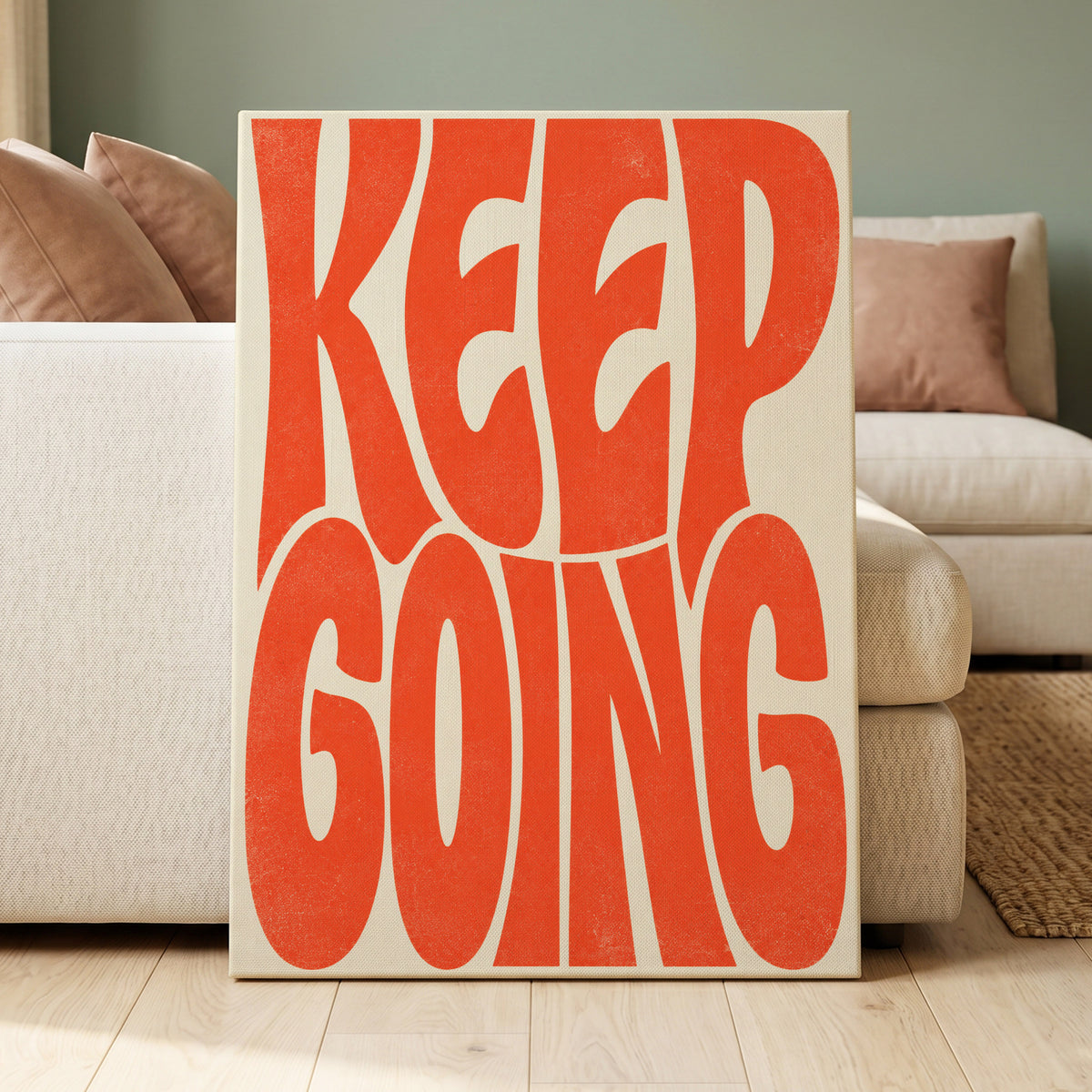 Keep Going in Tangerine, orange, beige abstract wall art on canvas displayed in a styled interior, gallery view 1