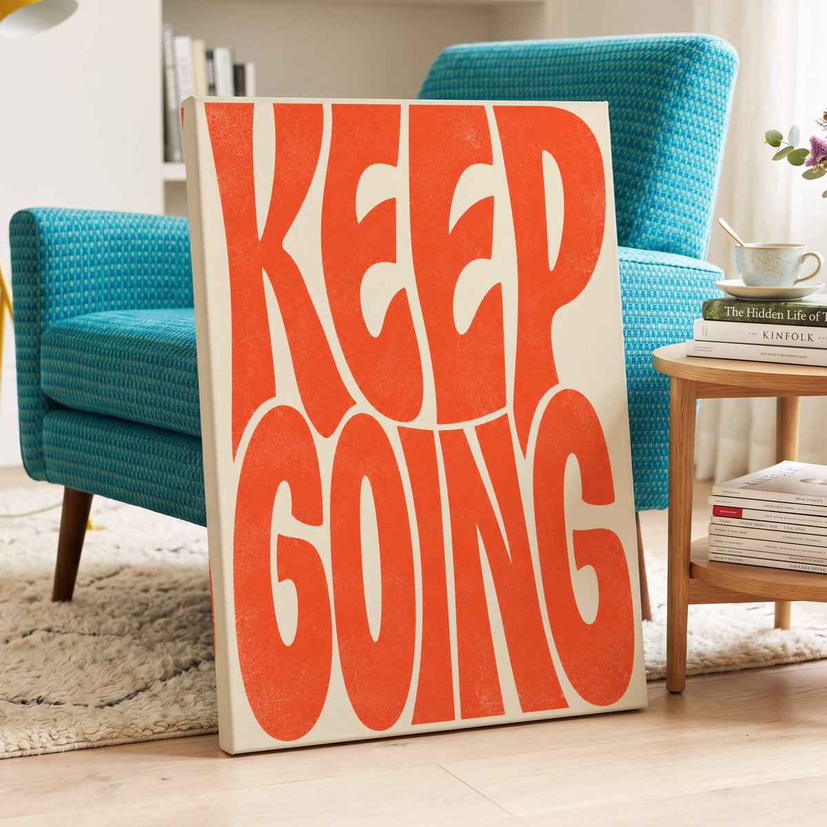 Keep Going in Tangerine, orange, beige abstract wall art on canvas displayed in a styled interior, gallery view 2