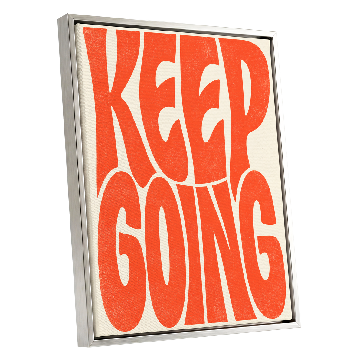 Keep Going in Tangerine, orange, beige abstract wall art shown as a silver framed canvas wall art