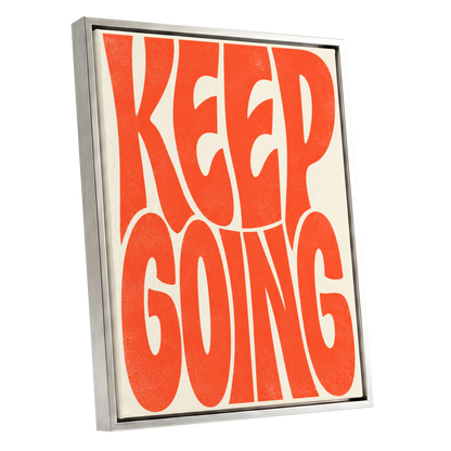 Keep Going in Tangerine, orange, beige abstract wall art shown as a silver framed canvas wall art