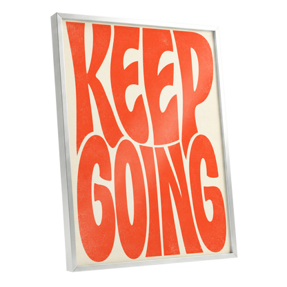 Keep Going in Tangerine, orange, beige abstract wall art shown as a silver framed poster wall art print