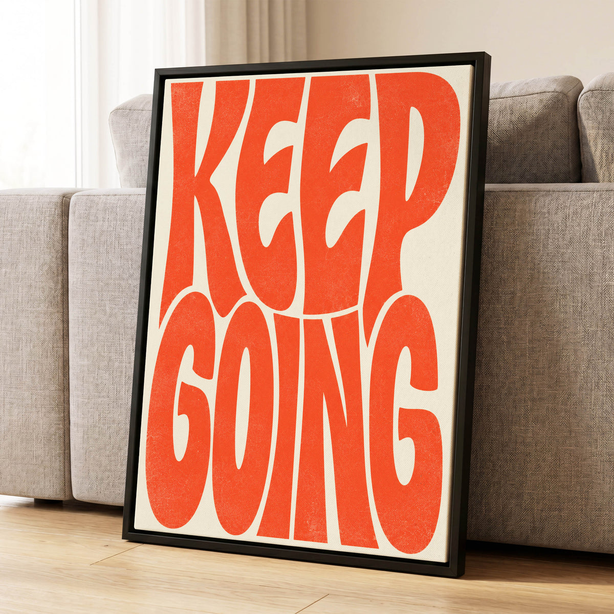 Keep Going in Tangerine, orange, beige abstract wall art displayed in a styled interior, gallery view 1