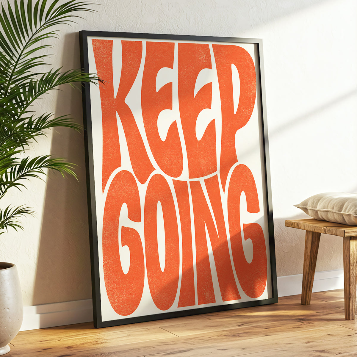 Keep Going in Tangerine, orange, beige abstract wall art displayed in a styled interior, gallery view 3