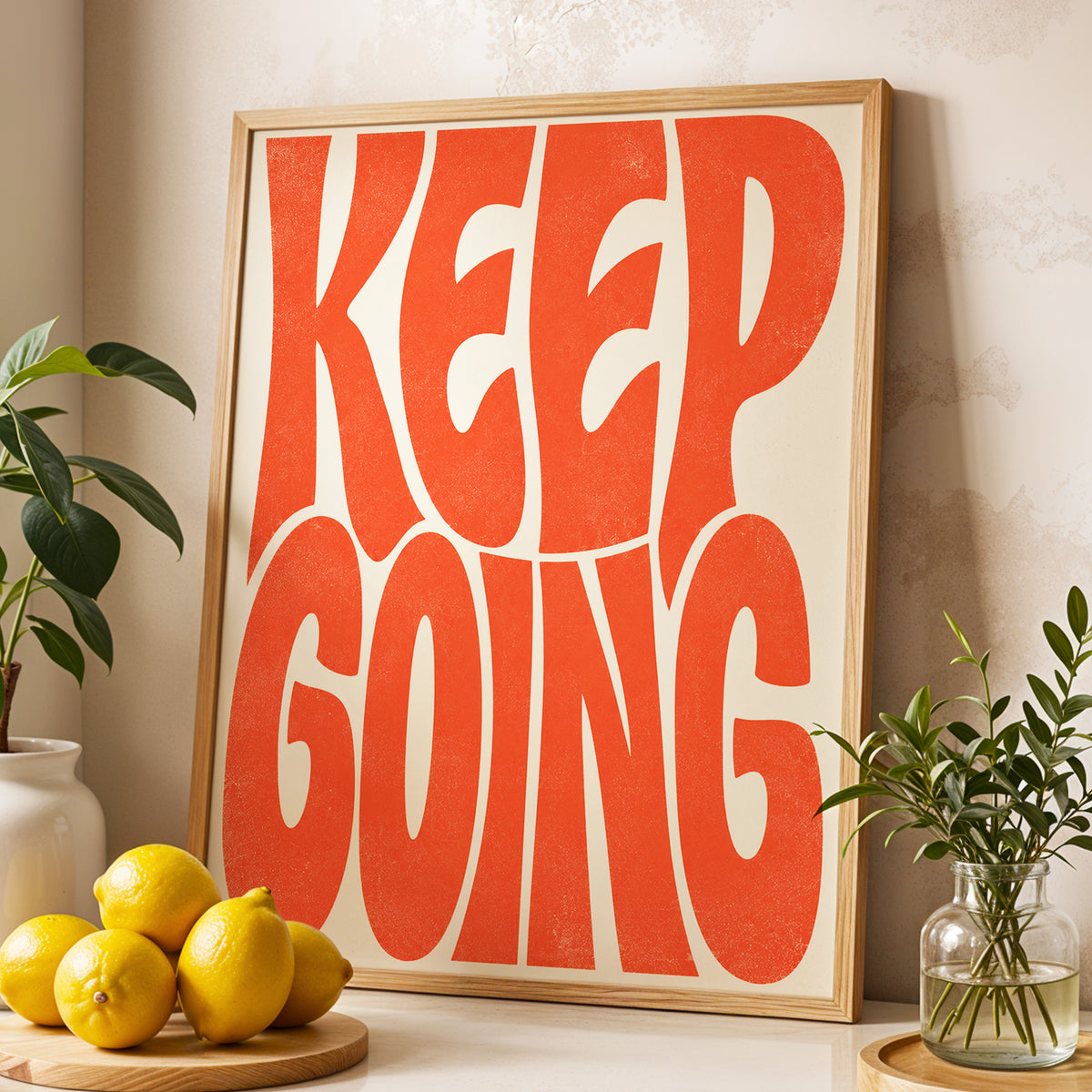 Keep Going in Tangerine, orange, beige abstract wall art displayed in a styled interior, gallery view 4