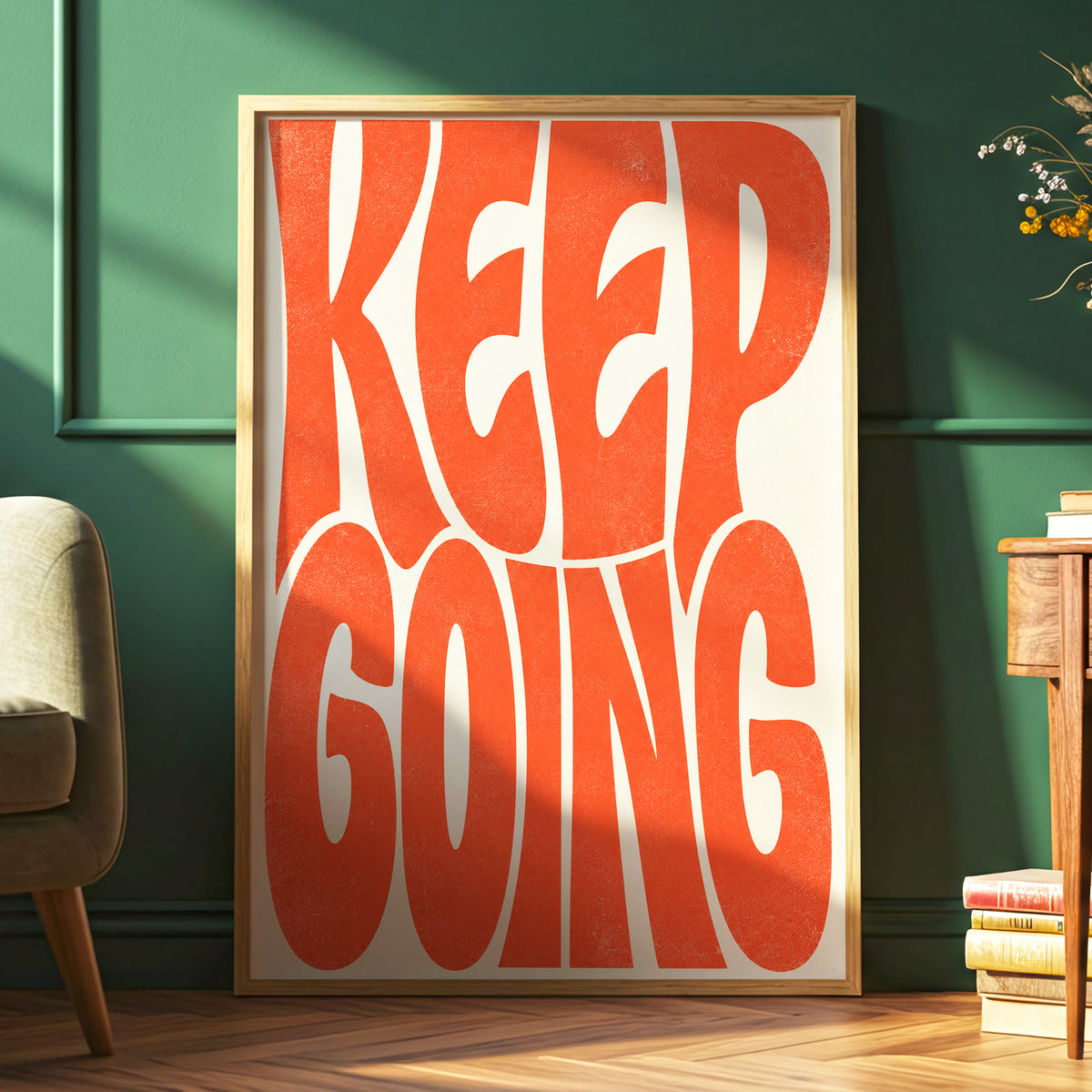 Keep Going in Tangerine, orange, beige abstract wall art displayed in a styled interior, gallery view 6