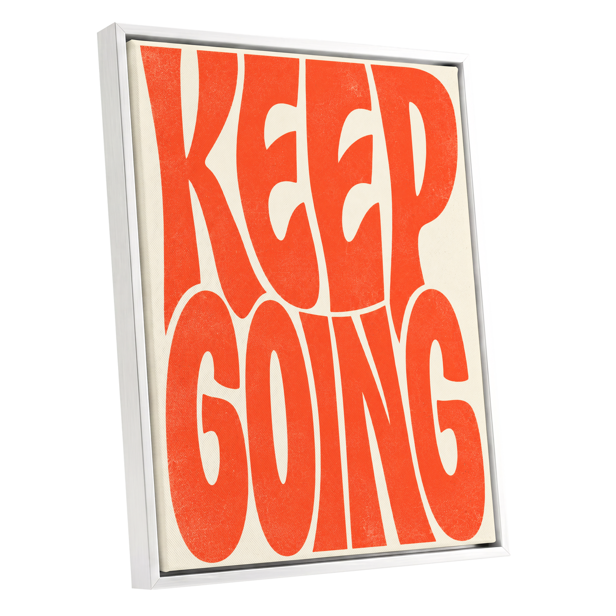 Keep Going in Tangerine, orange, beige abstract wall art shown as a white framed canvas wall art