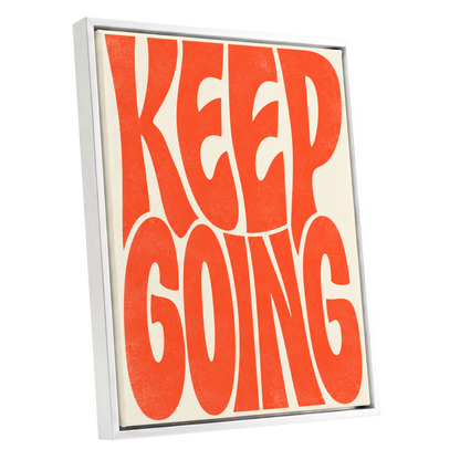 Keep Going in Tangerine, orange, beige abstract wall art shown as a white framed canvas wall art