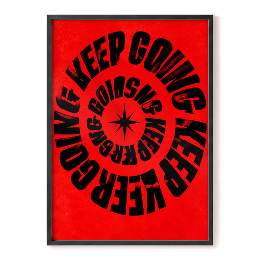 Keep Going Spiral, black, red abstract wall art, front artwork view