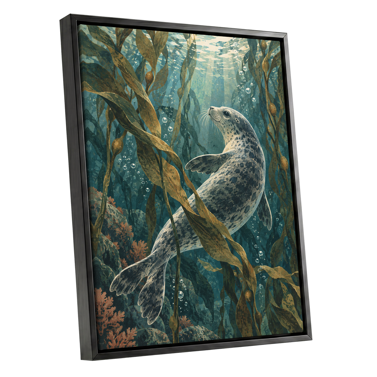 Kelp Forest Drift, blue, green, brown nature wall art shown as a black framed canvas wall art