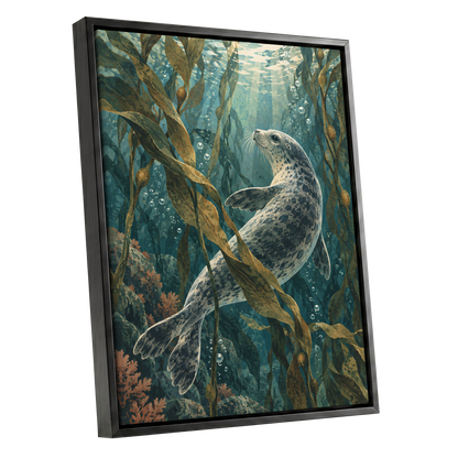 Kelp Forest Drift, blue, green, brown nature wall art shown as a black framed canvas wall art