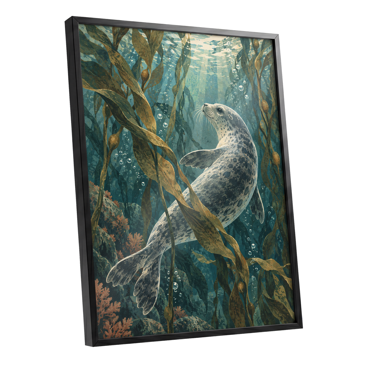 Kelp Forest Drift, blue, green, brown nature wall art shown as a black framed poster wall art print