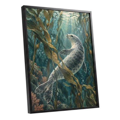 Kelp Forest Drift, blue, green, brown nature wall art shown as a black framed poster wall art print