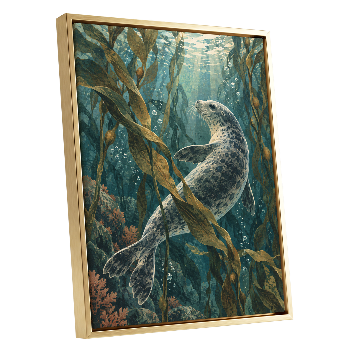 Kelp Forest Drift, blue, green, brown nature wall art shown as a gold framed canvas wall art