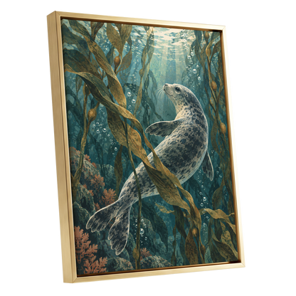 Kelp Forest Drift, blue, green, brown nature wall art shown as a gold framed canvas wall art