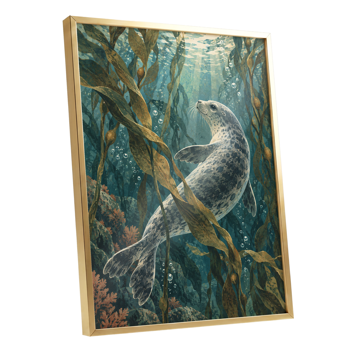 Kelp Forest Drift, blue, green, brown nature wall art shown as a gold framed poster wall art print