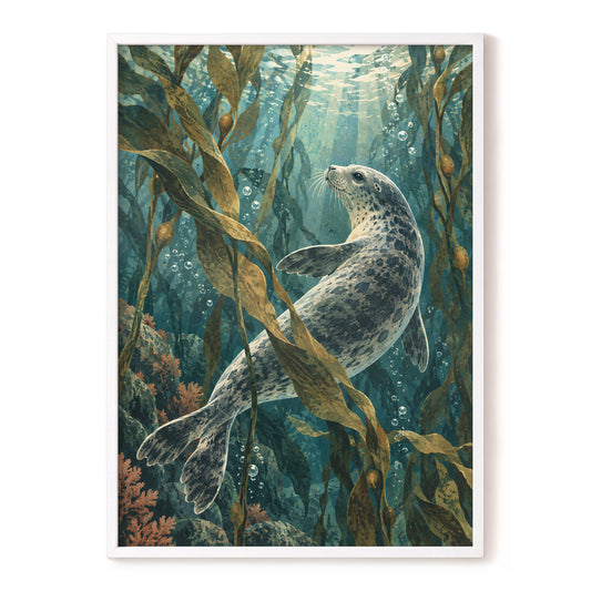 Kelp Forest Drift, blue, green, brown nature wall art, front artwork view