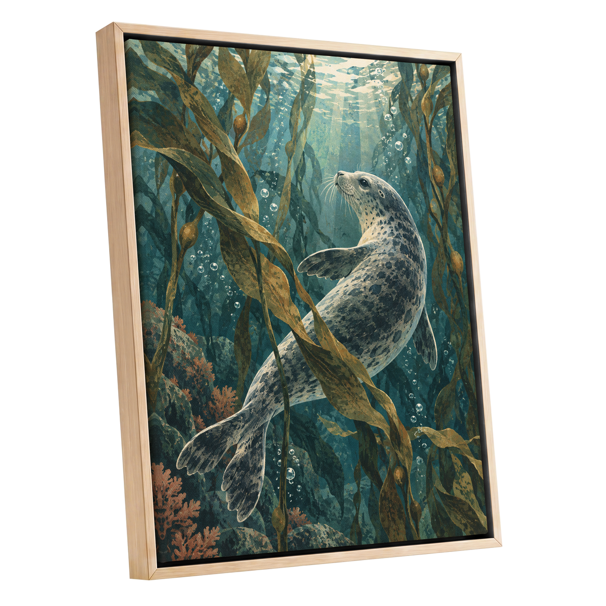 Kelp Forest Drift, blue, green, brown nature wall art shown as a oak framed canvas wall art