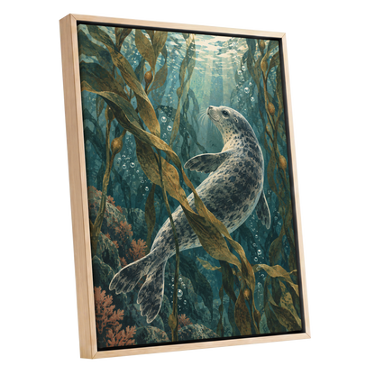 Kelp Forest Drift, blue, green, brown nature wall art shown as a oak framed canvas wall art