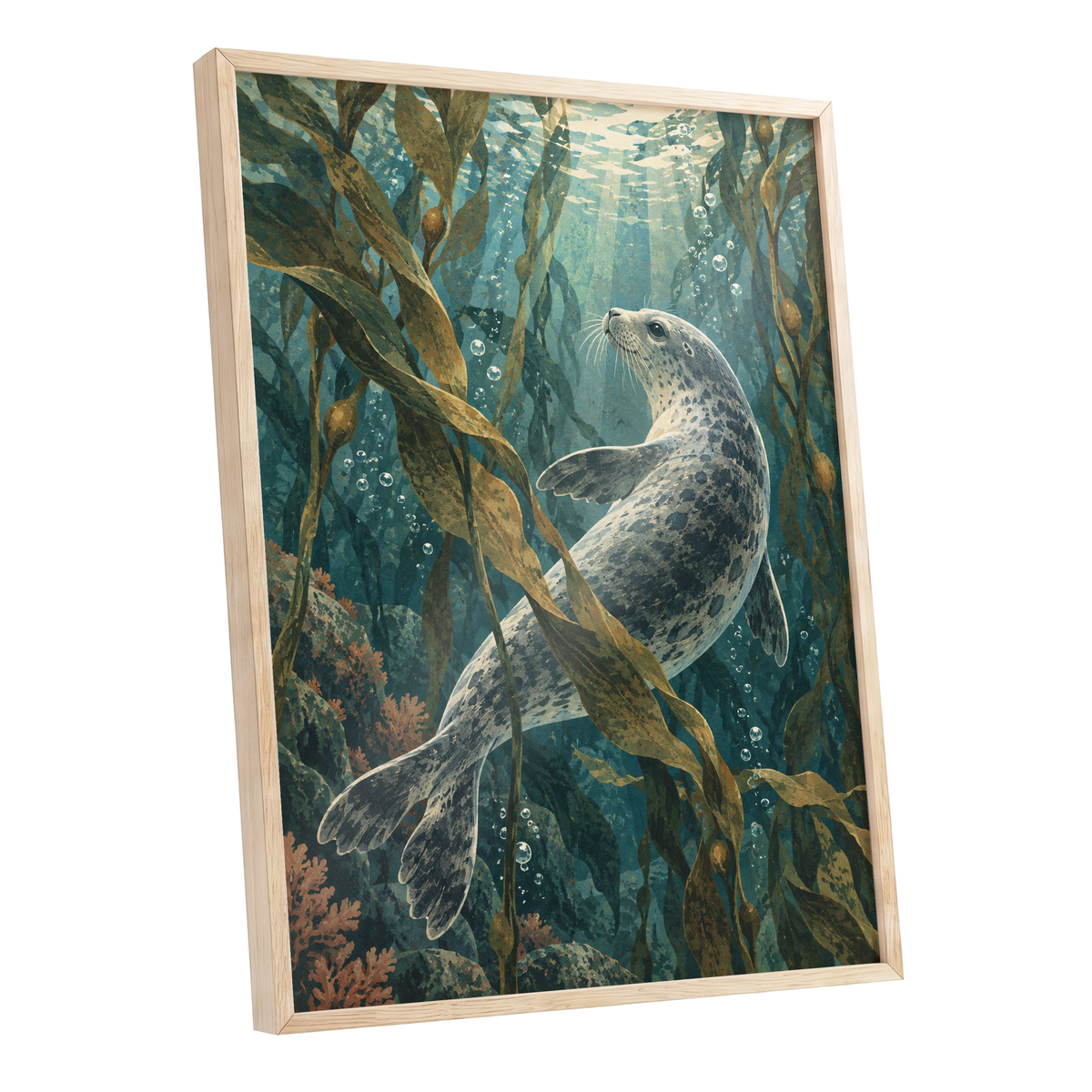 Kelp Forest Drift, blue, green, brown nature wall art shown as a oak framed poster wall art print