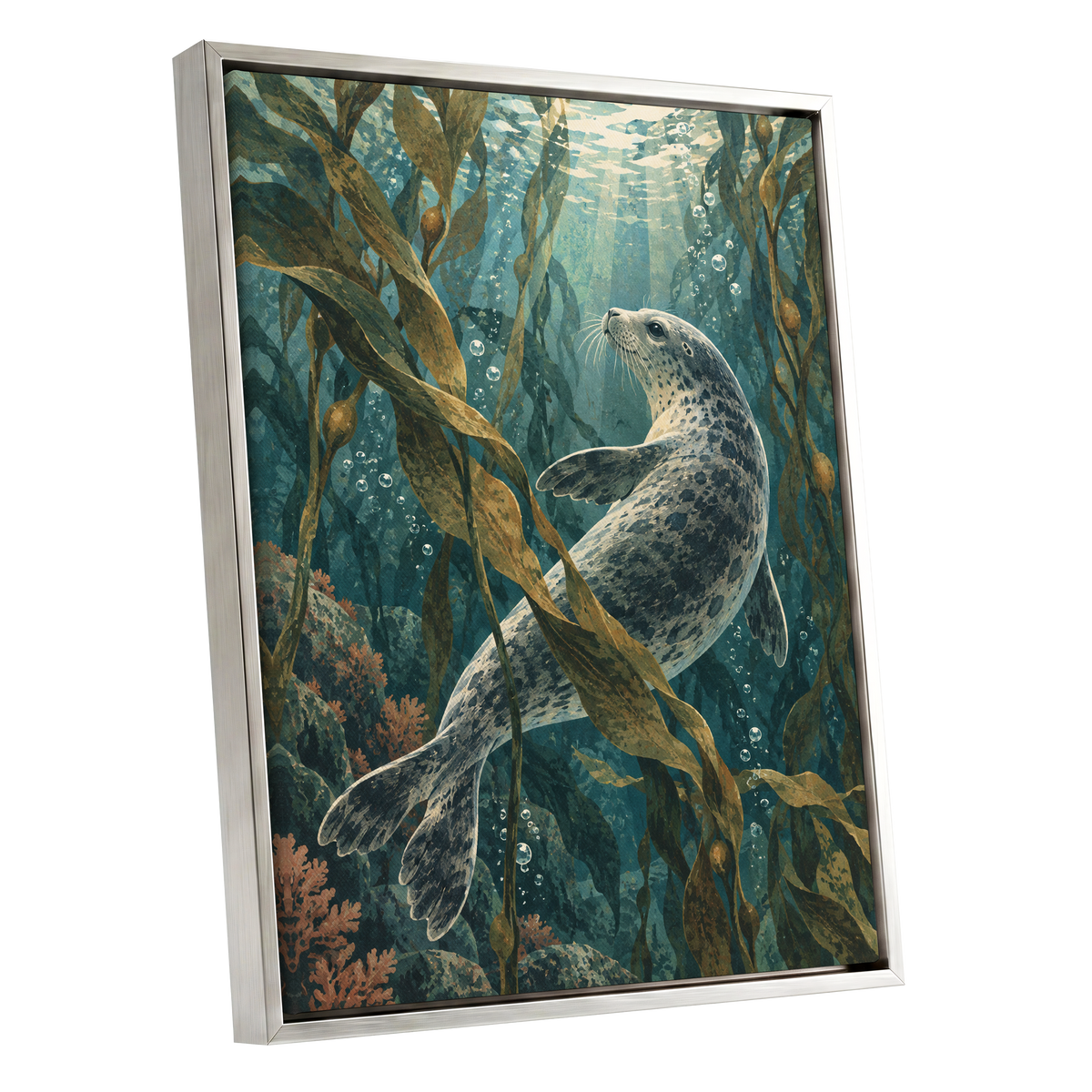 Kelp Forest Drift, blue, green, brown nature wall art shown as a silver framed canvas wall art