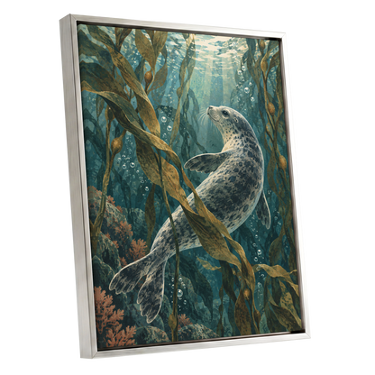 Kelp Forest Drift, blue, green, brown nature wall art shown as a silver framed canvas wall art