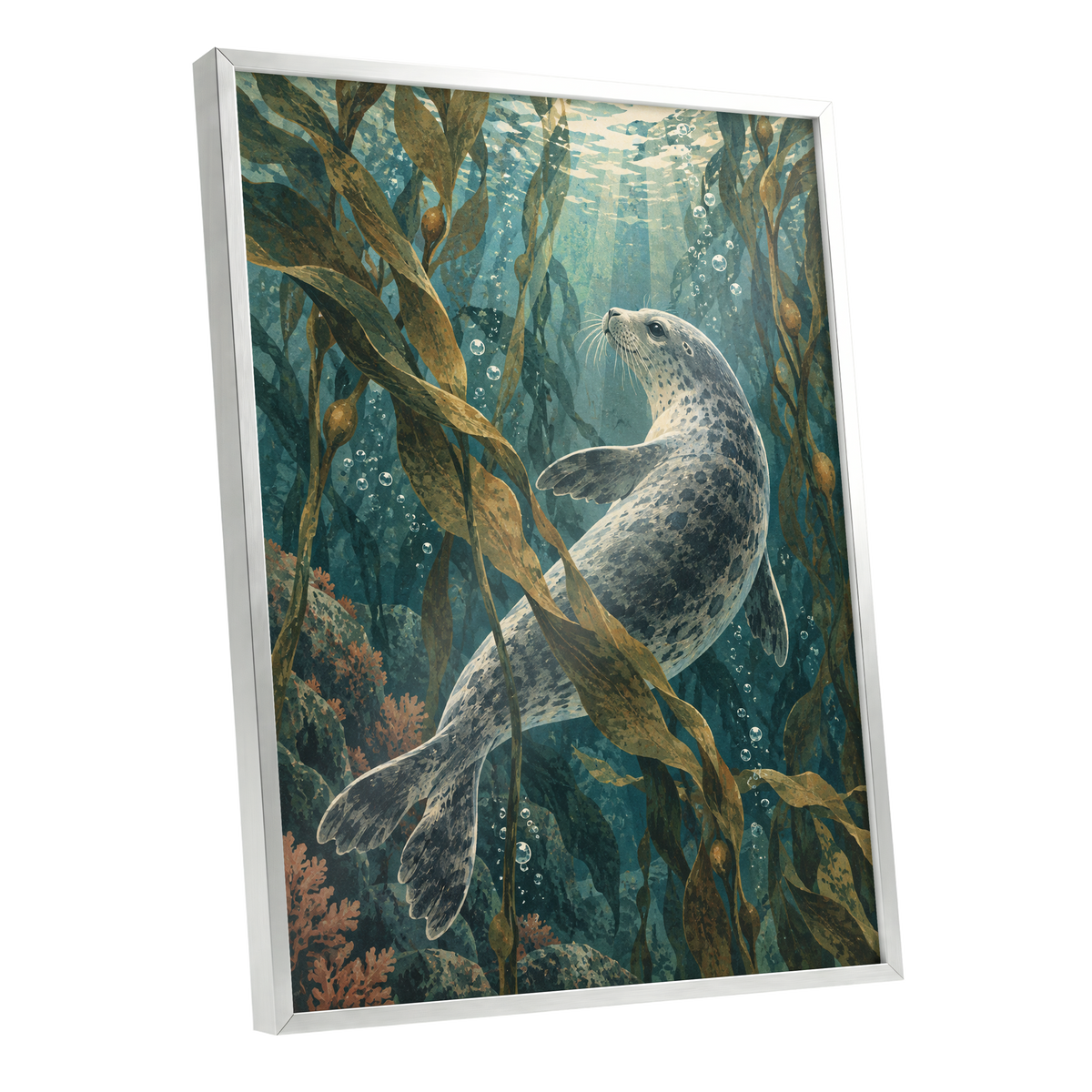 Kelp Forest Drift, blue, green, brown nature wall art shown as a silver framed poster wall art print