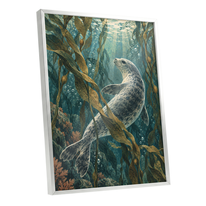 Kelp Forest Drift, blue, green, brown nature wall art shown as a silver framed poster wall art print