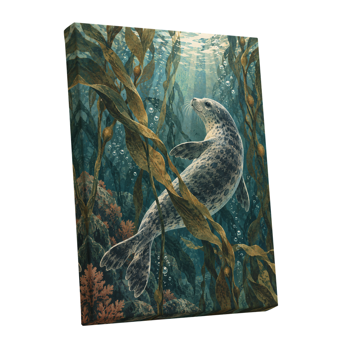 Kelp Forest Drift, blue, green, brown nature wall art shown as a stretched canvas wall art
