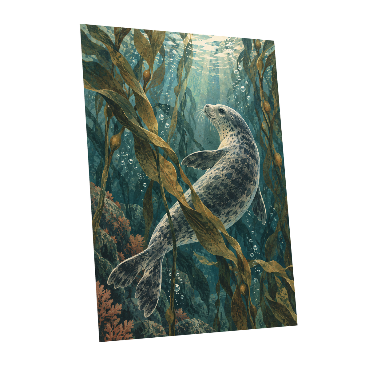 Kelp Forest Drift, blue, green, brown nature wall art shown as a unframed poster wall art print