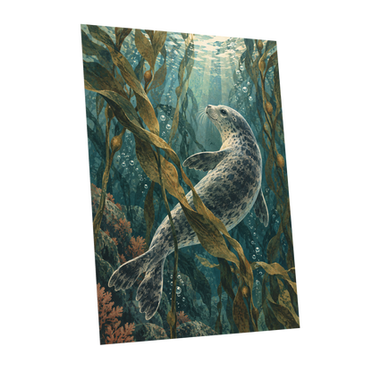 Kelp Forest Drift, blue, green, brown nature wall art shown as a unframed poster wall art print